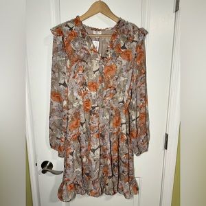 Anthropologie Current Air Dress Womens Orange Metallic Floral Long Sleeve Size M